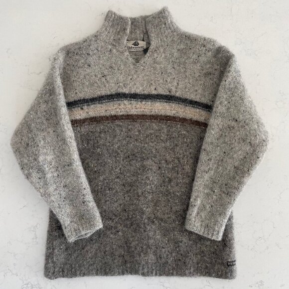 Fisherman Out Of Ireland Pure New Wool Chunky LS Pull Over Sweater Grey Brown M - Picture 1 of 12